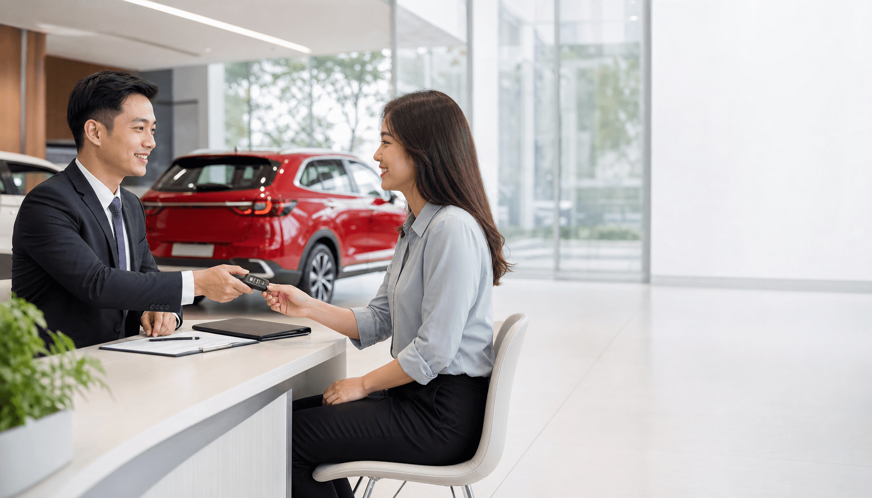 Tư vấn viên trao chìa khóa cho khách hàng đăng ký lái thử trong showroom