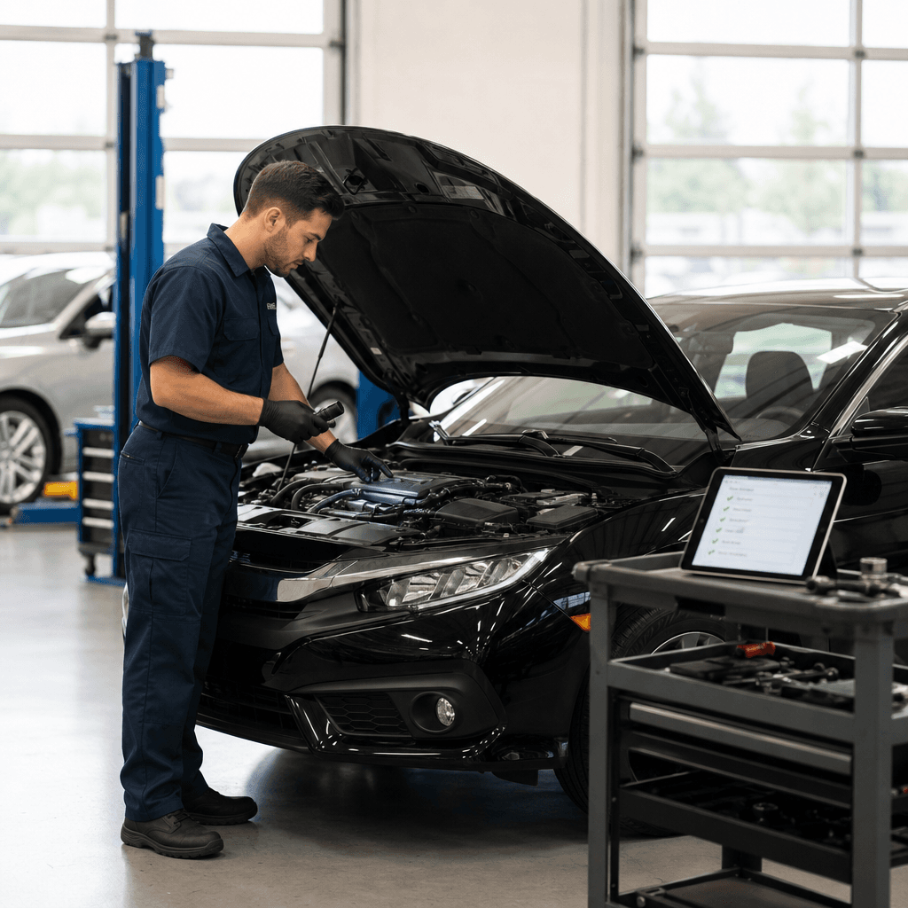 Kỹ thuật viên kiểm tra khoang động cơ xe Honda trong xưởng dịch vụ