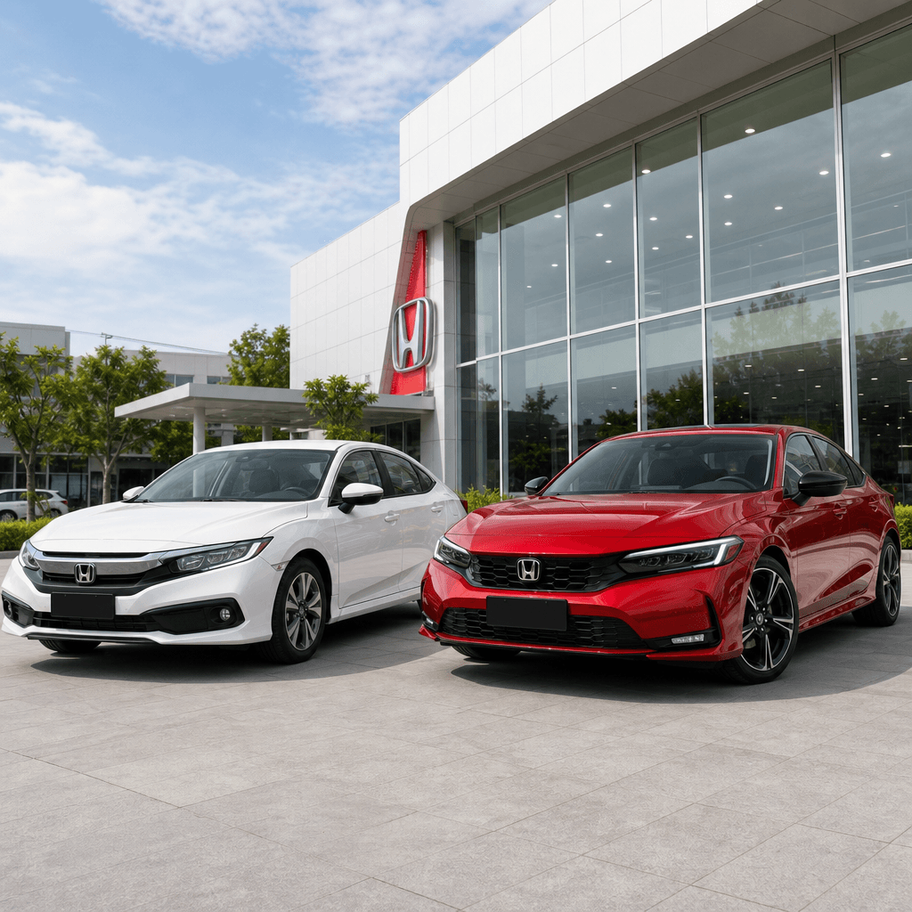 Hai mẫu sedan Honda màu trắng và đỏ đỗ trước showroom để so sánh