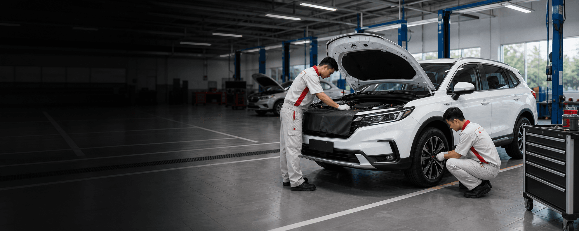 Kỹ thuật viên Honda bảo dưỡng xe trong xưởng dịch vụ