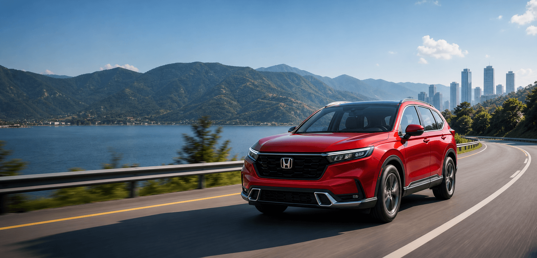 Xe Honda màu đỏ trên cung đường ven núi